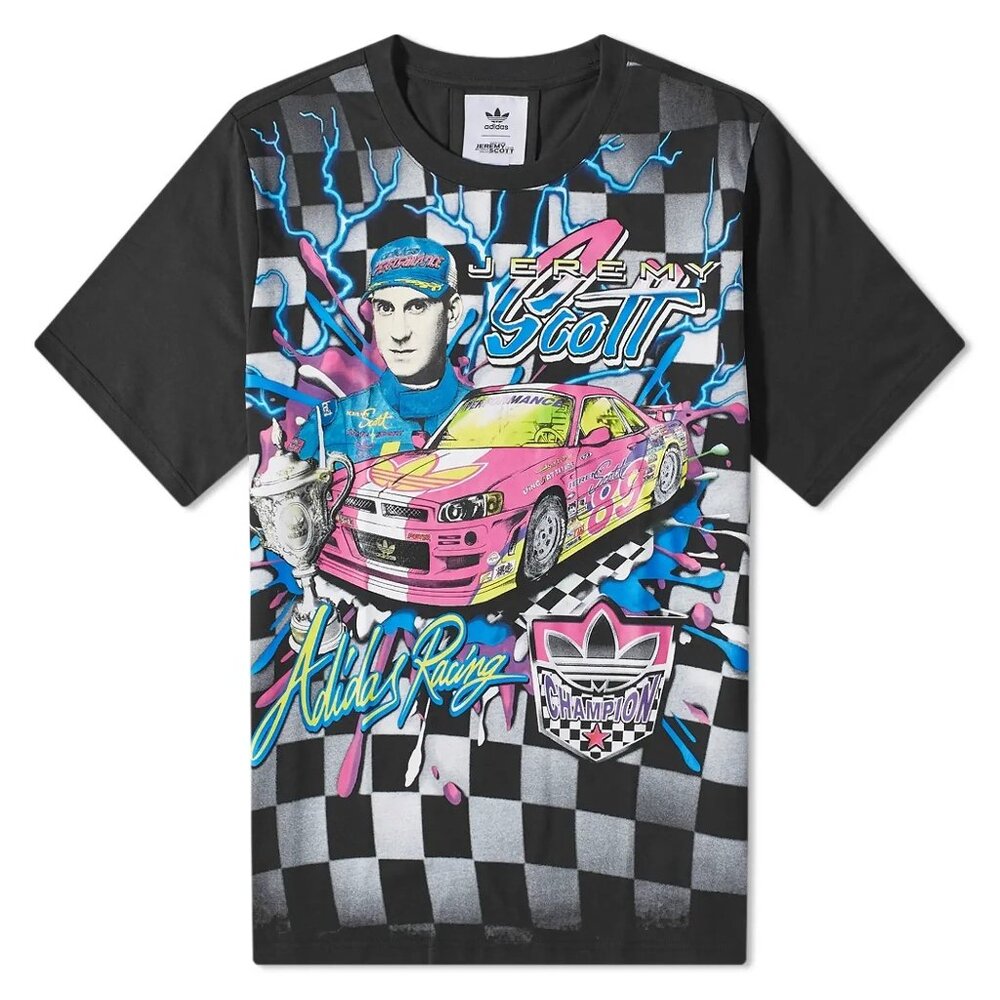 $60 ADIDAS ORIGINALS x JEREMY SCOTT RALLY RACING GRAPHIC SHIRT HG6512 BLACK XS